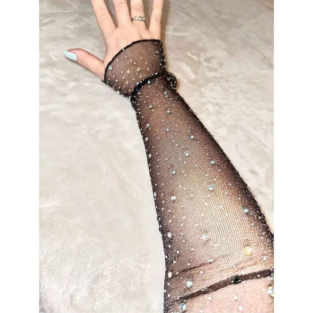 Fingerless Super sparkly black iridescent rhinestone mesh gloves